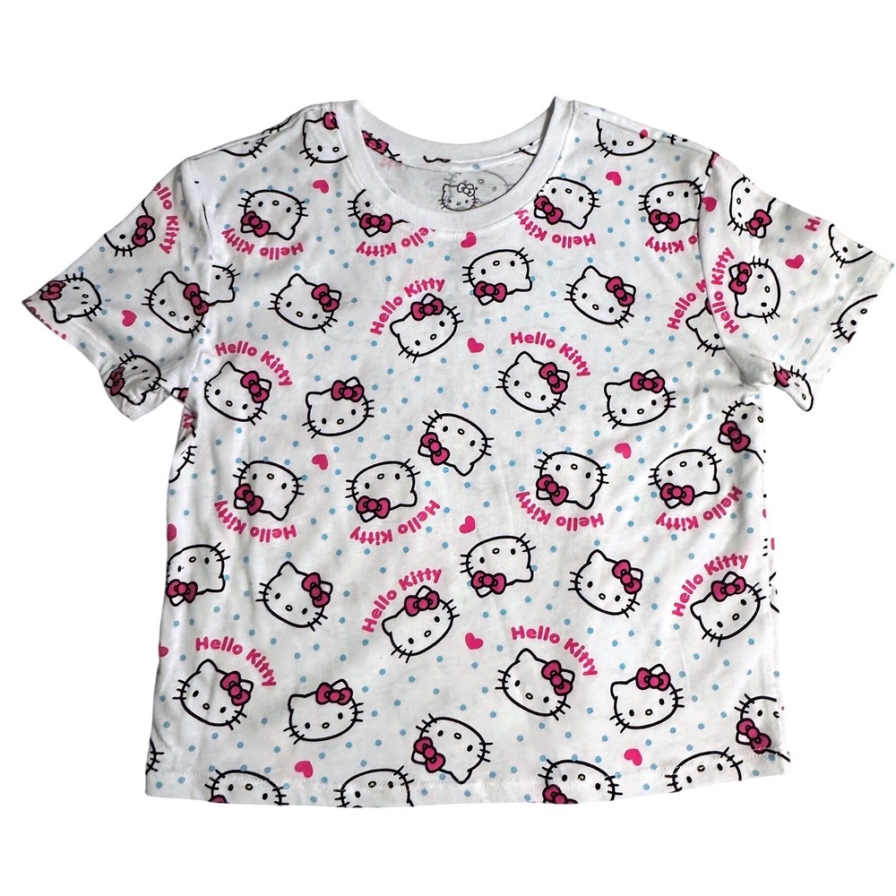Sanrio Hello Kitty All Over Print Graphic Tee White Blue Polka Dot Large L